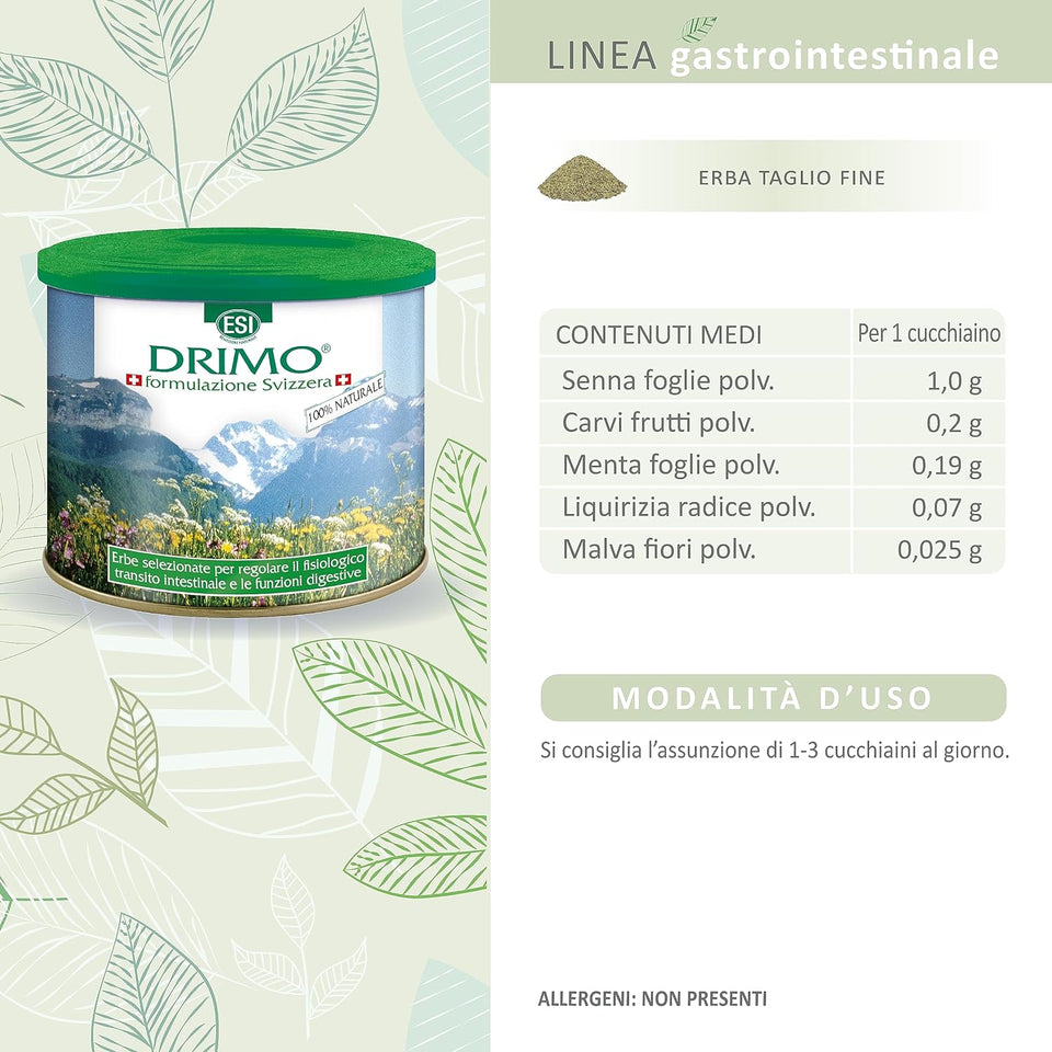 - Drimo, Integratore Alimentare in Polvere a Base Di Erbe Selezionate, per La Regolarità Del Transito Intestinale, Senza Glutine E Vegan, Con Ingredienti Di Origine Naturale, 100 G