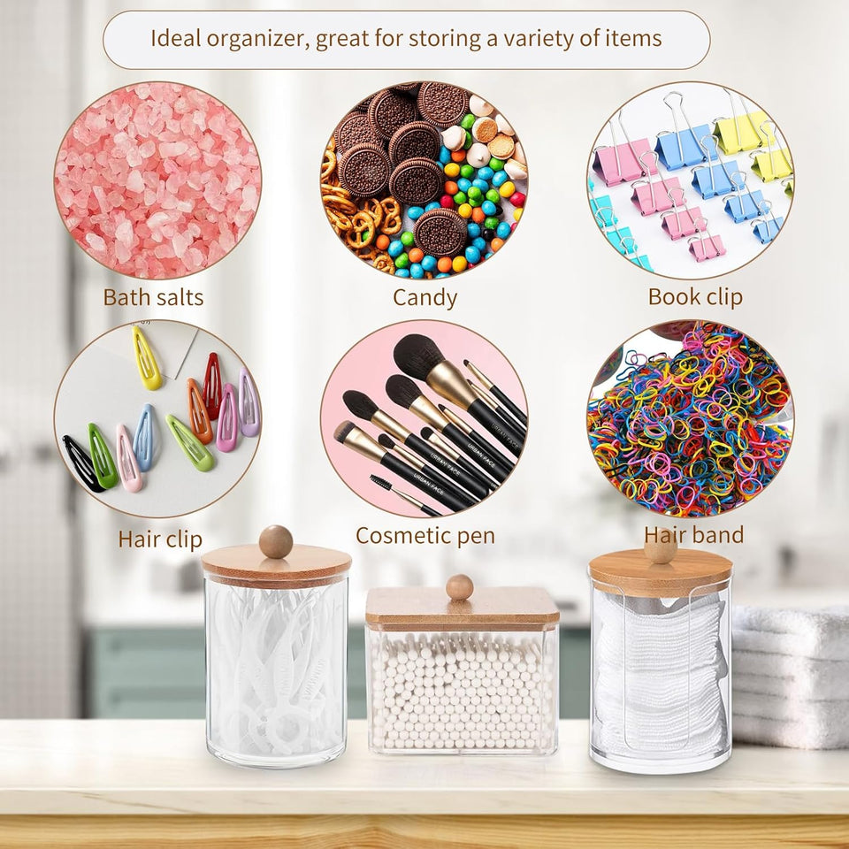 3 Pezzi Porta Cotton Fioc per Bagno, Porta Dischetti Struccanti, Organizzatore per Batuffoli Cotone Acrilicotrasparente Con Coperchio in Bambù, per Organizzare Batuffoli Cotone, Spugnette (3)