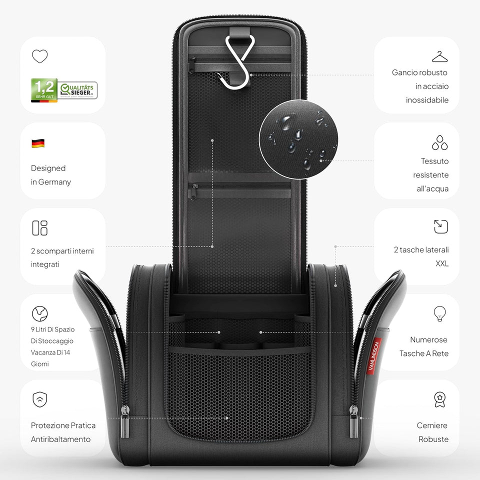 Beauty Case Da Viaggio XXL [Design 2025] | Trousse Da Viaggio per Uomo E Donna | Beauty Case Viaggio Con Gancio Appendiabiti [Capacità 9 Litri] (Nero)
