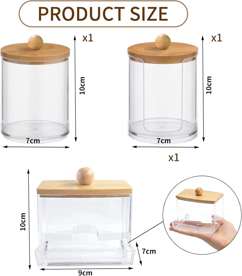 3 Pezzi Porta Cotton Fioc per Bagno, Porta Dischetti Struccanti, Organizzatore per Batuffoli Cotone Acrilicotrasparente Con Coperchio in Bambù, per Organizzare Batuffoli Cotone, Spugnette (3)
