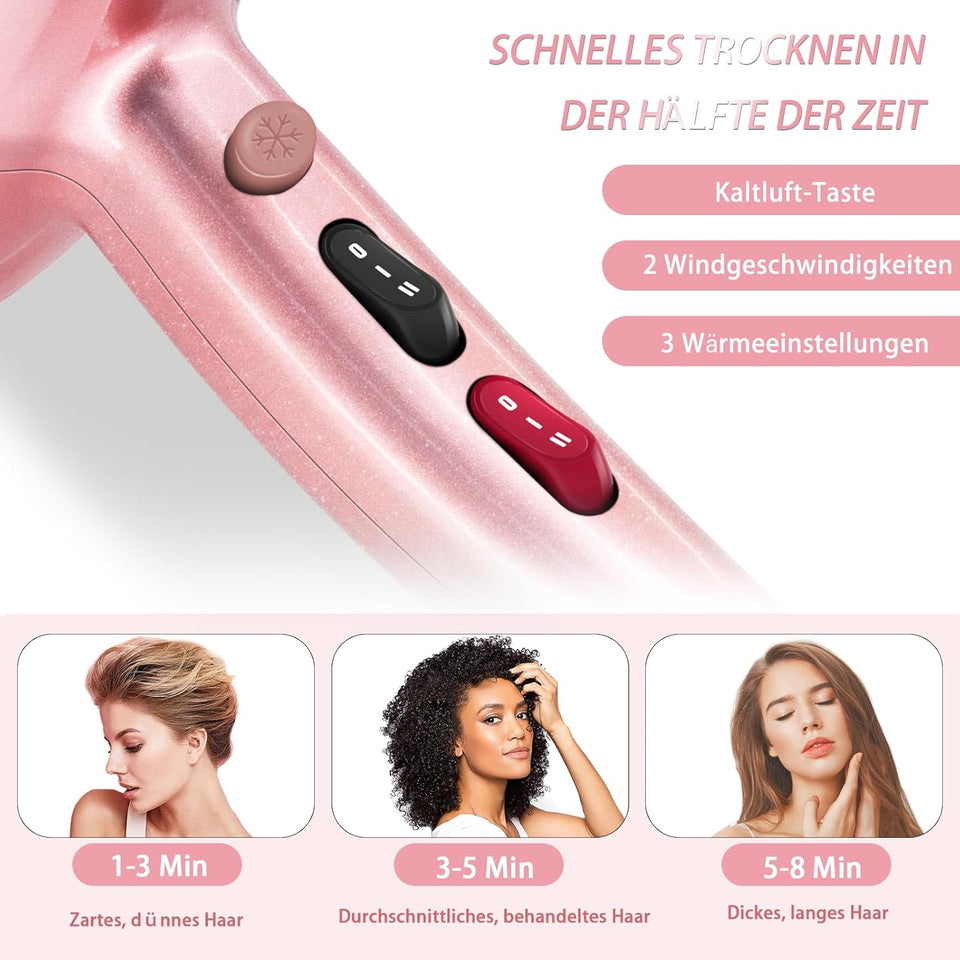 Asciugacapelli Professionale a Ioni 3000W Con Diffusore (3 Livelli Di Calore, 2 Velocità + Aria Fredda, 3 Accessori) Adatto per Saloni, Viaggi E Casa, Perfetto Come Regalo - Hairdryer