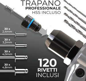 tec® Pinze Professionali per Rivetti Inclusi 120 Rivetti E 4 Perforatori HSS - Tenaglia per Rivetti a Strappo Di Alta Qualità per Lavorare Con I Rivetti Ciechi
