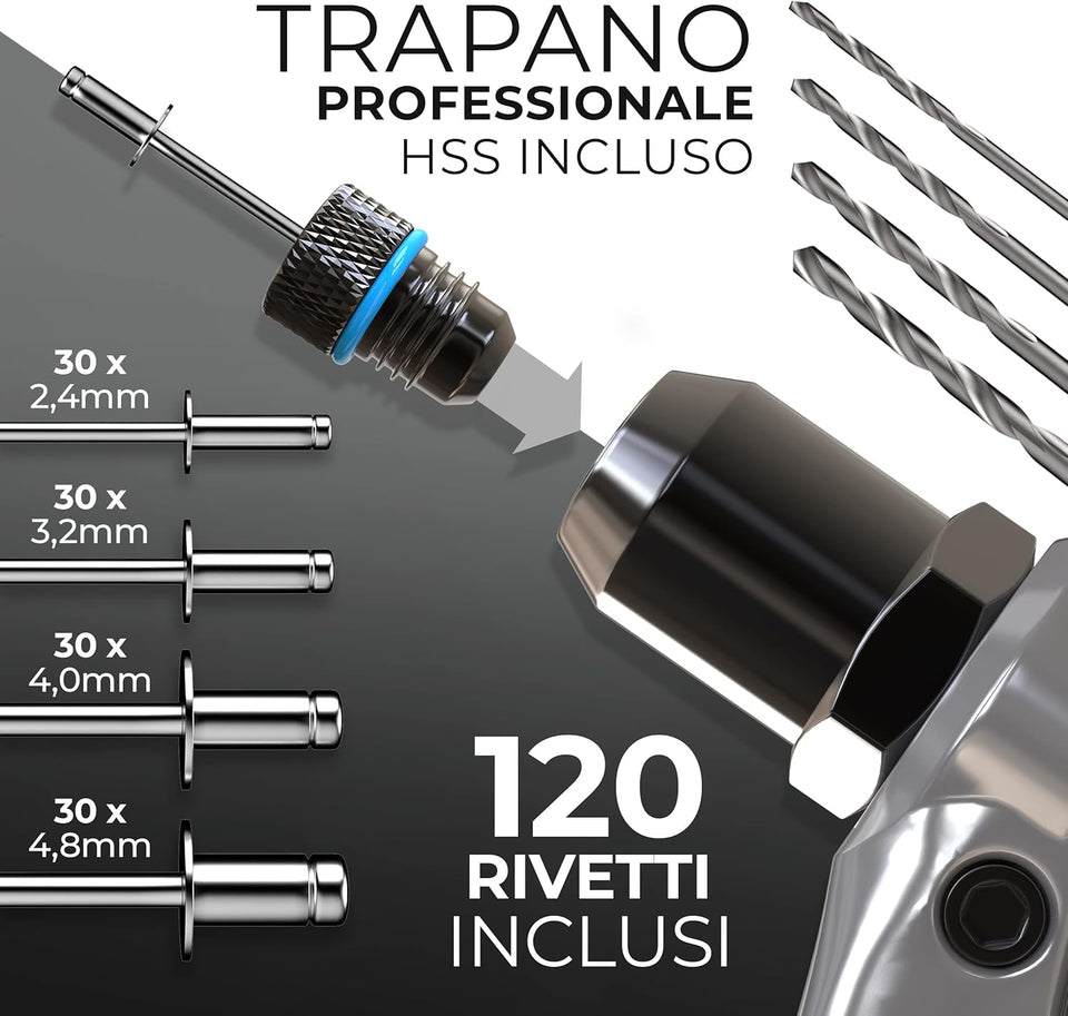 tec® Pinze Professionali per Rivetti Inclusi 120 Rivetti E 4 Perforatori HSS - Tenaglia per Rivetti a Strappo Di Alta Qualità per Lavorare Con I Rivetti Ciechi