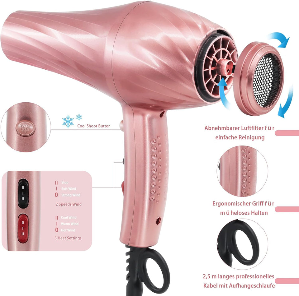 Asciugacapelli Professionale a Ioni 3000W Con Diffusore (3 Livelli Di Calore, 2 Velocità + Aria Fredda, 3 Accessori) Adatto per Saloni, Viaggi E Casa, Perfetto Come Regalo - Hairdryer