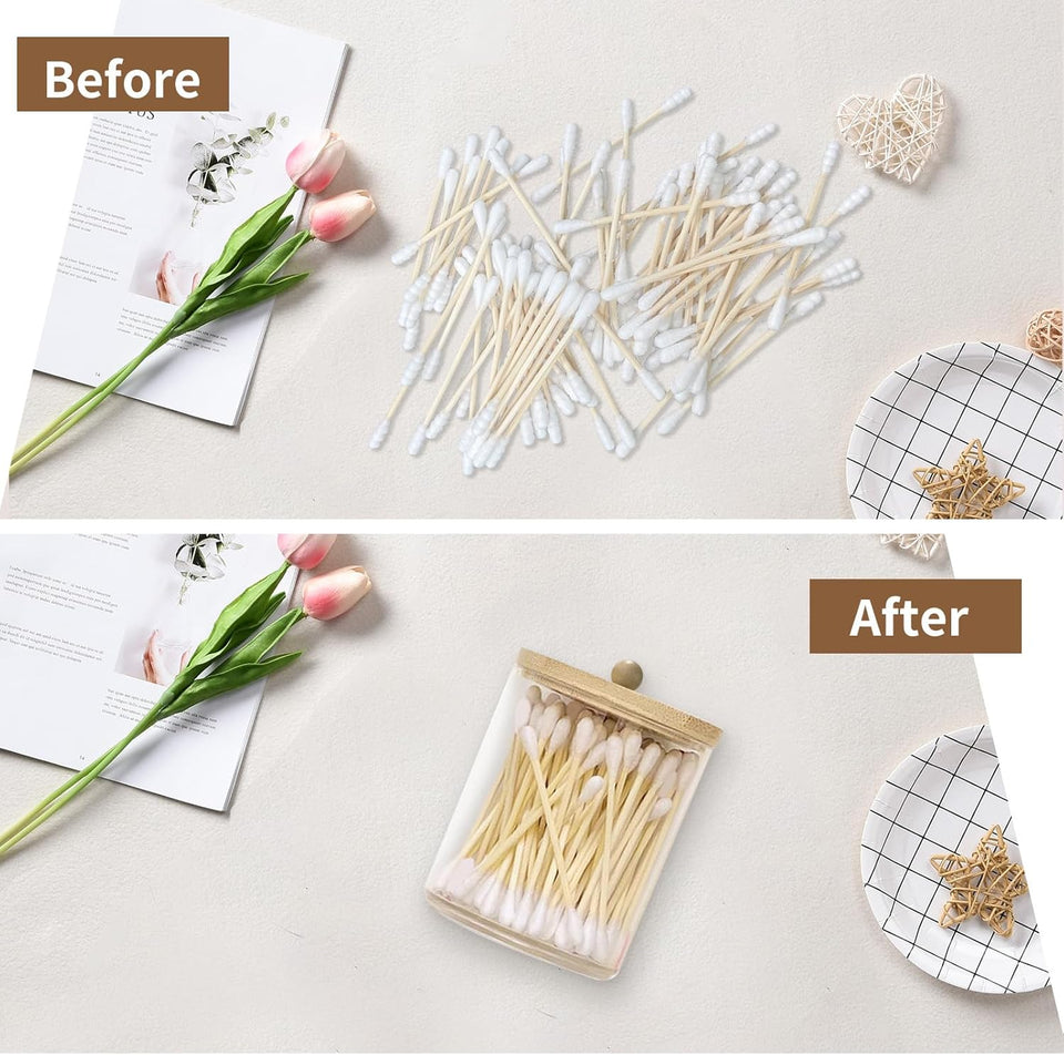 3 Pezzi Porta Cotton Fioc per Bagno, Porta Dischetti Struccanti, Organizzatore per Batuffoli Cotone Acrilicotrasparente Con Coperchio in Bambù, per Organizzare Batuffoli Cotone, Spugnette (3)