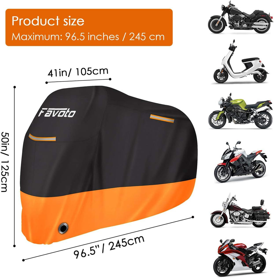 Telo Coprimoto 210D Teli per Moto Scooter Impermeabile Resistente Ad Acqua/Polvere/Pioggia/Vento/Foglie, Copertura Motociclo, 245X105X125Cm (Nero Arancione)
