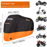 Telo Coprimoto 210D Teli per Moto Scooter Impermeabile Resistente Ad Acqua/Polvere/Pioggia/Vento/Foglie, Copertura Motociclo, 245X105X125Cm (Nero Arancione)
