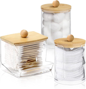 3 Pezzi Porta Cotton Fioc per Bagno, Porta Dischetti Struccanti, Organizzatore per Batuffoli Cotone Acrilicotrasparente Con Coperchio in Bambù, per Organizzare Batuffoli Cotone, Spugnette (3)