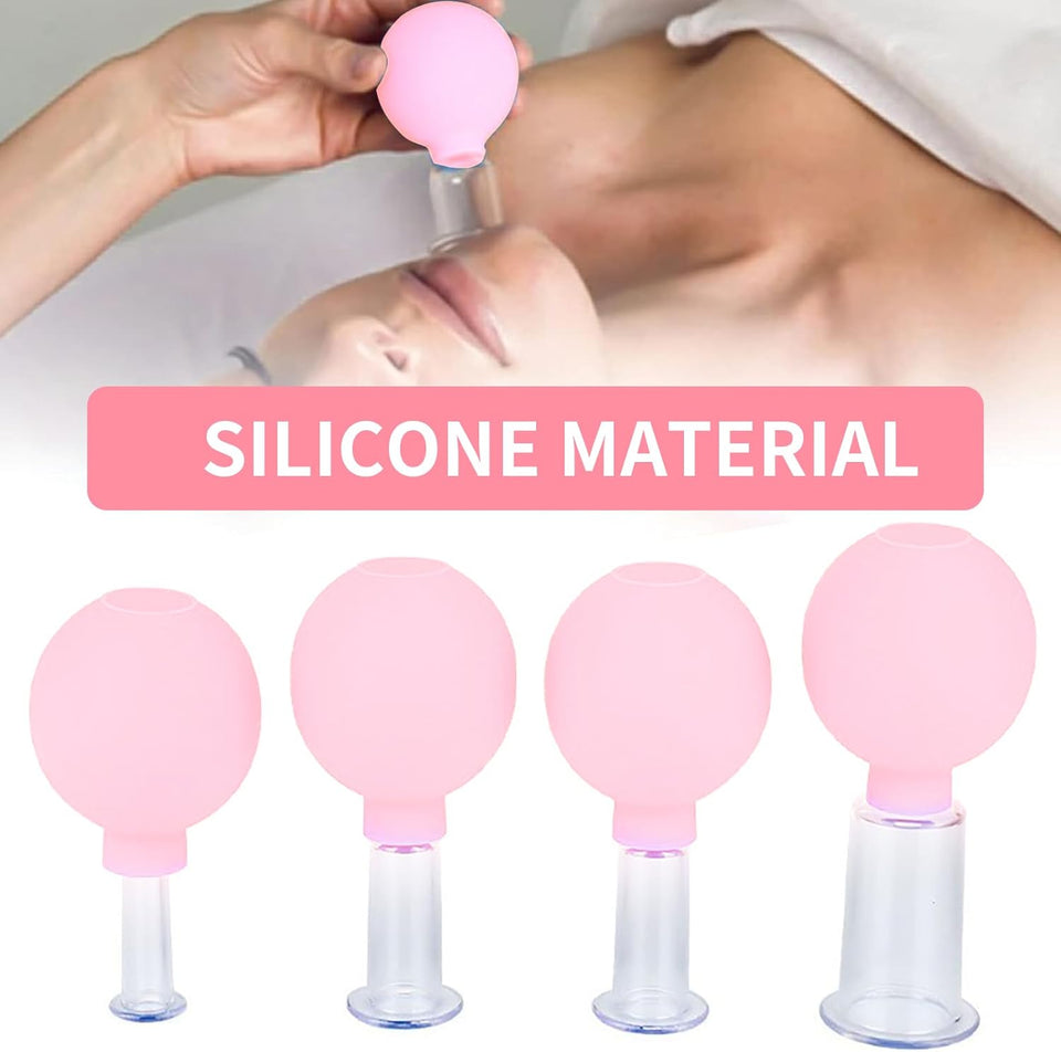 Set Di Coppettazione Facciale in Da 4 Pezzi, Aspirazione Sottovuoto in Bicchiere Di Plastica, Terapia Di Massaggio Con Coppettazione, Un Kit per Anticellulite, Antirughe per Occhi, Viso E Corpo(Rosa)
