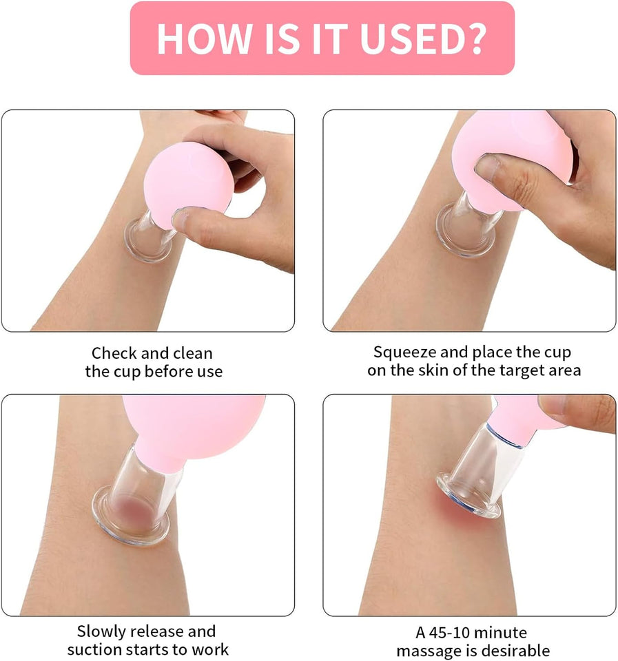 Set Di Coppettazione Facciale in Da 4 Pezzi, Aspirazione Sottovuoto in Bicchiere Di Plastica, Terapia Di Massaggio Con Coppettazione, Un Kit per Anticellulite, Antirughe per Occhi, Viso E Corpo(Rosa)