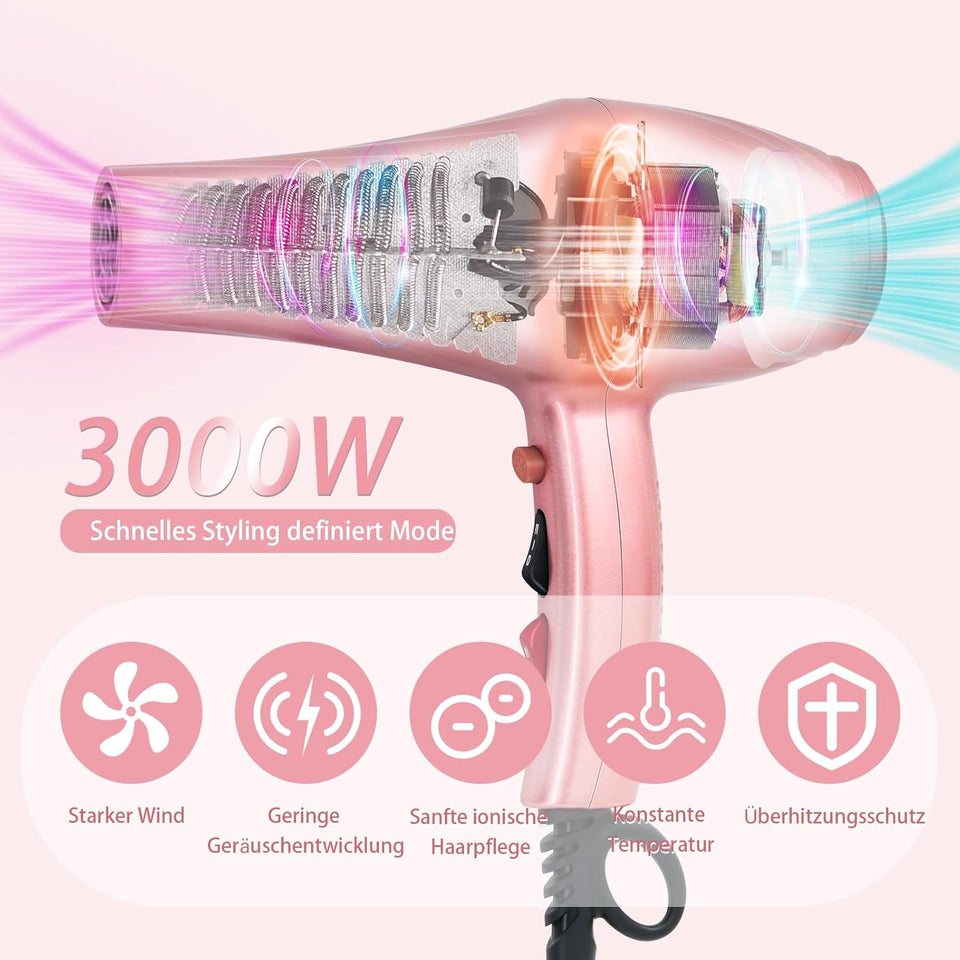 Asciugacapelli Professionale a Ioni 3000W Con Diffusore (3 Livelli Di Calore, 2 Velocità + Aria Fredda, 3 Accessori) Adatto per Saloni, Viaggi E Casa, Perfetto Come Regalo - Hairdryer