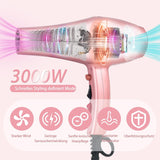 Asciugacapelli Professionale a Ioni 3000W Con Diffusore (3 Livelli Di Calore, 2 Velocità + Aria Fredda, 3 Accessori) Adatto per Saloni, Viaggi E Casa, Perfetto Come Regalo - Hairdryer